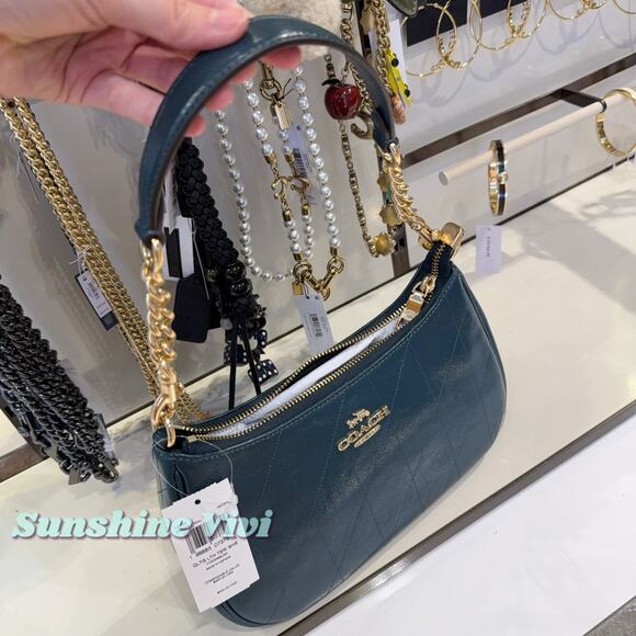 NWT Coach Teri Shoulder Bag Quilting CDP32 Gold/DARK TEAL Shiny smooth leather - Picture 5 of 9